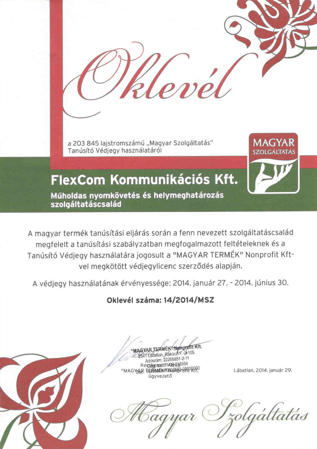 FlexCom MagyarSzolgáltató Oklevél